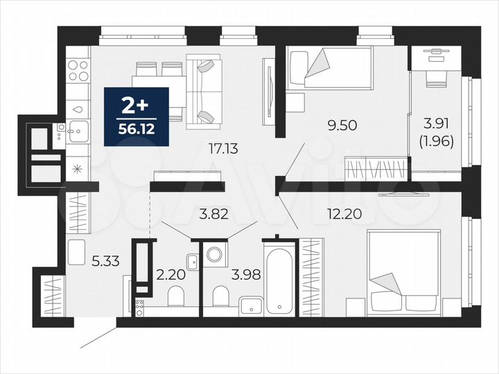 2-к. квартира, 56,1 м², 17/22 эт.