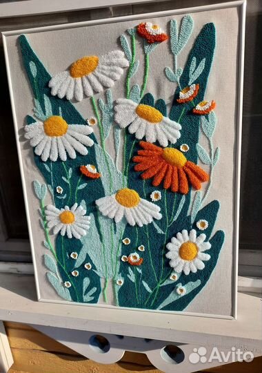 Картина панно ручная ковровая вышивка ромашки