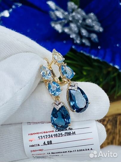 Серьги золотые капли с бриллиантами и топазами