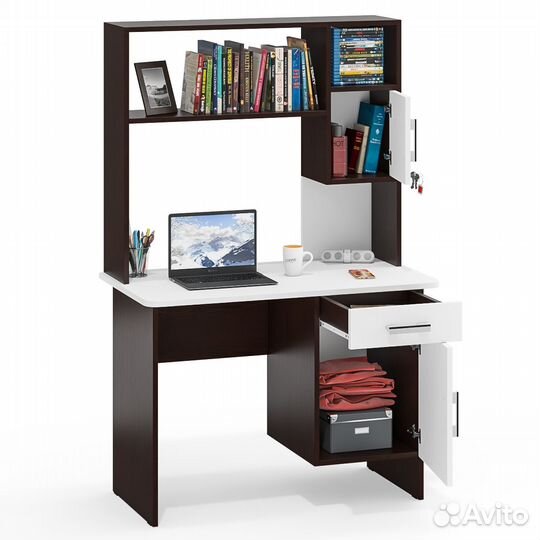 Письменный стол с надстройкой Мебельный Двор 1-09Н венге/белый шагрень, 105х57х162 см