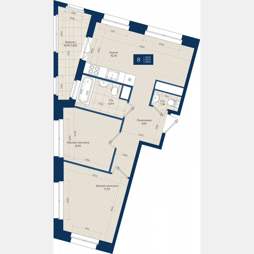 2-к. квартира, 50,1 м², 2/12 эт.