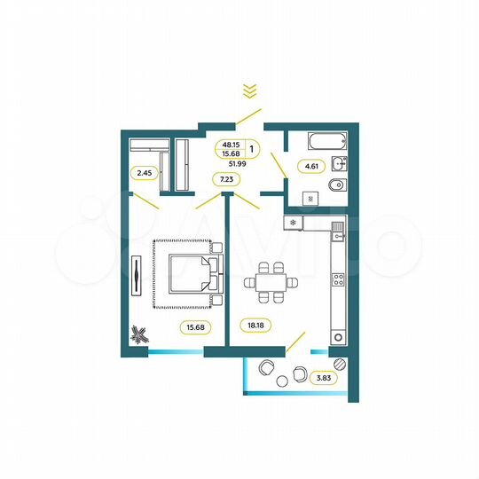 1-к. квартира, 52 м², 4/7 эт.