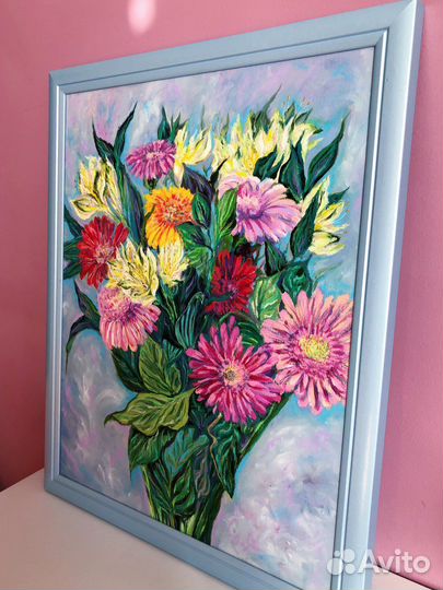 Картина маслом цветы букет «Герберы и альстромерии
