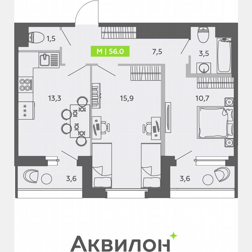 2-к. квартира, 56 м², 10/13 эт.