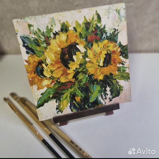 Картина маслом подсолнухи цветы 17*17 см
