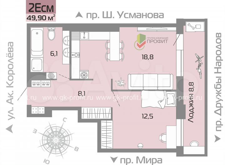 2-к. квартира, 49,9 м², 9/19 эт.