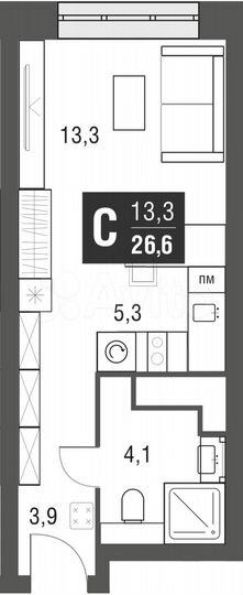 Квартира-студия, 26,6 м², 29/52 эт.