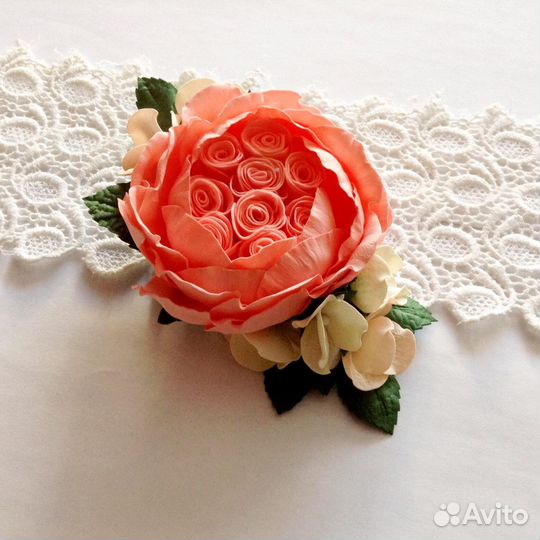 Заколка- зажим Пионовидная Роза с гортензиями