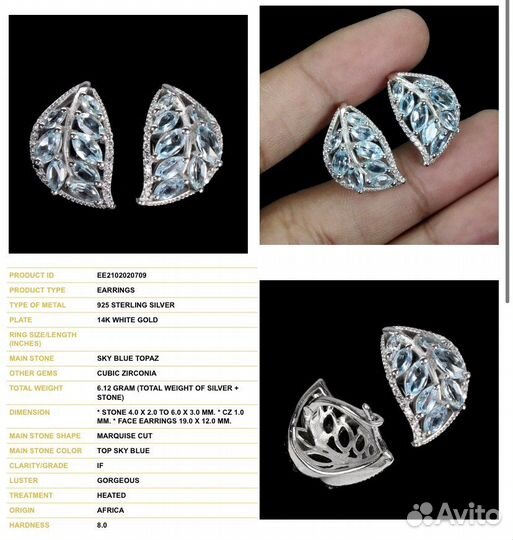 Серебряные серьги с топазами скай блю