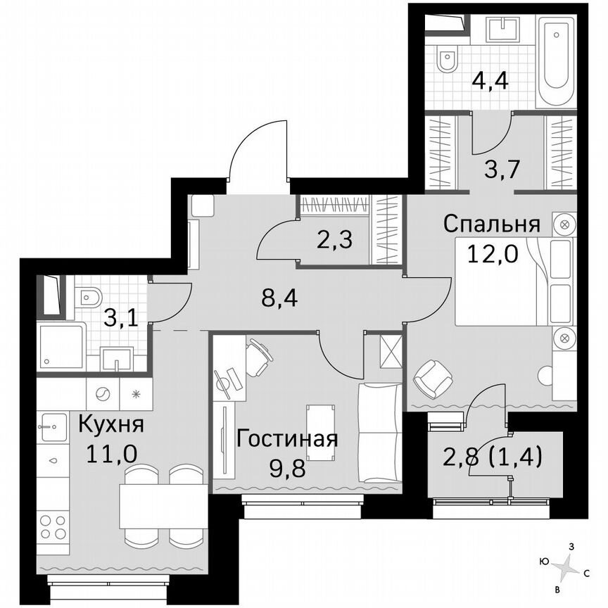 2-к. квартира, 56,4 м², 9/46 эт.