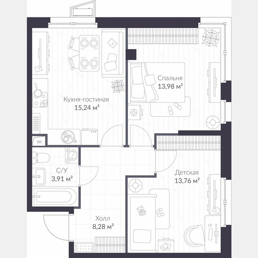 2-к. квартира, 55,2 м², 1/11 эт.