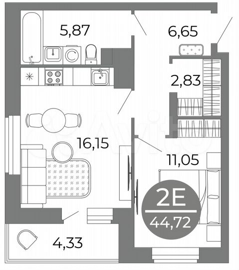 2-к. квартира, 44,7 м², 15/25 эт.