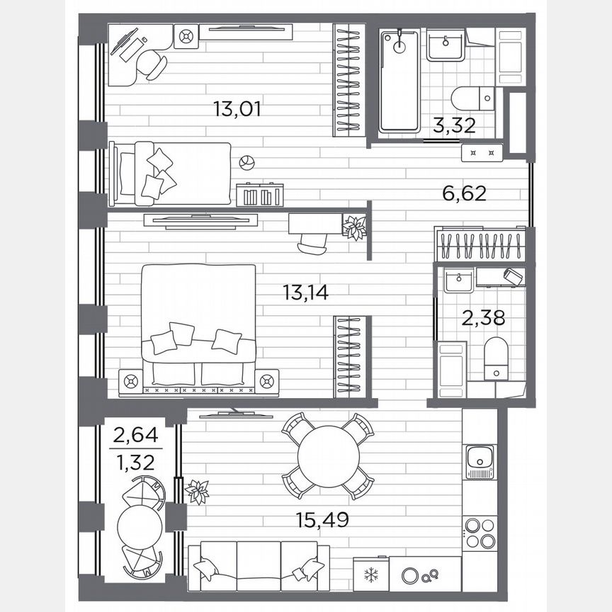 2-к. квартира, 55,3 м², 12/13 эт.