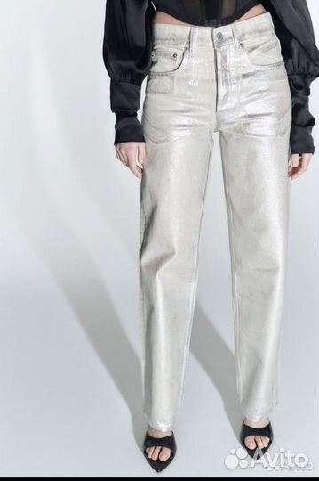 Джинсы zara металлик серебристые