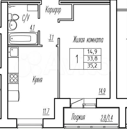 1-к. квартира, 33,8 м², 8/9 эт.