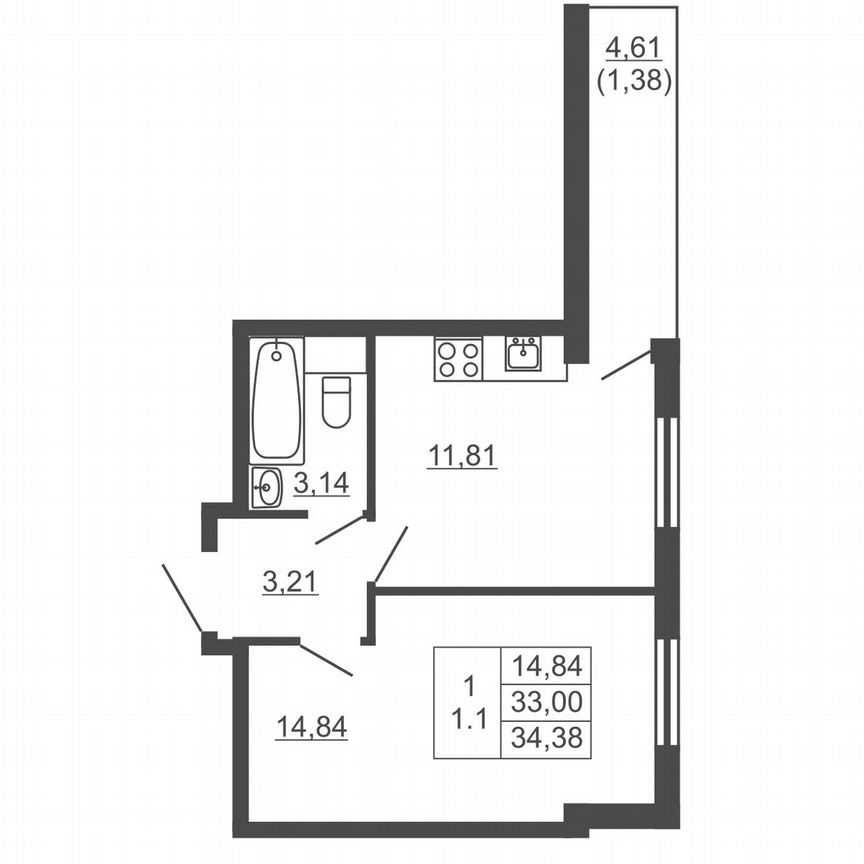 1-к. квартира, 34,4 м², 13/16 эт.