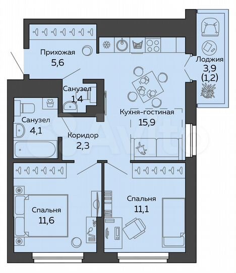 2-к. квартира, 53,2 м², 18/25 эт.