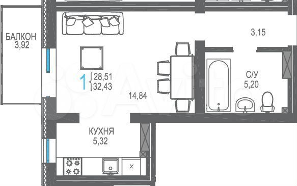 1-к. квартира, 32,4 м², 4/16 эт.