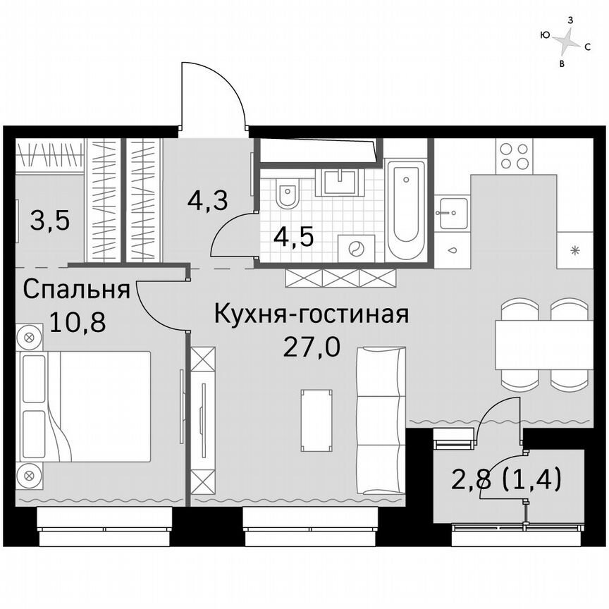1-к. квартира, 51,8 м², 6/6 эт.