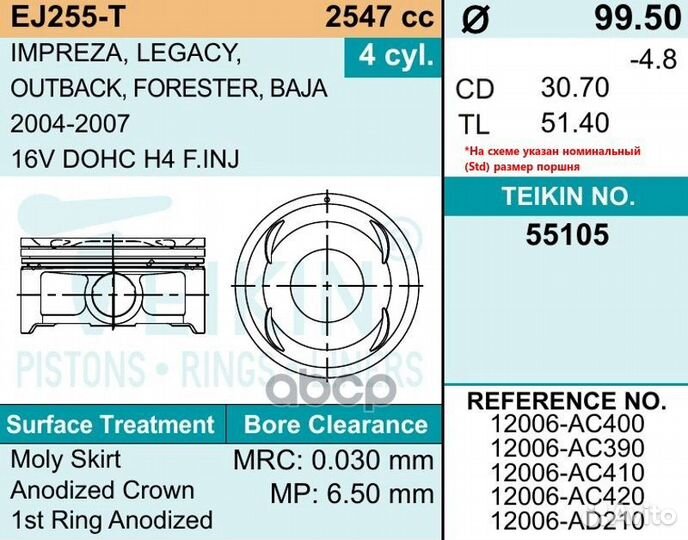 Поршни (к-т 4 шт) STD subaru forester EJ255T 04-07