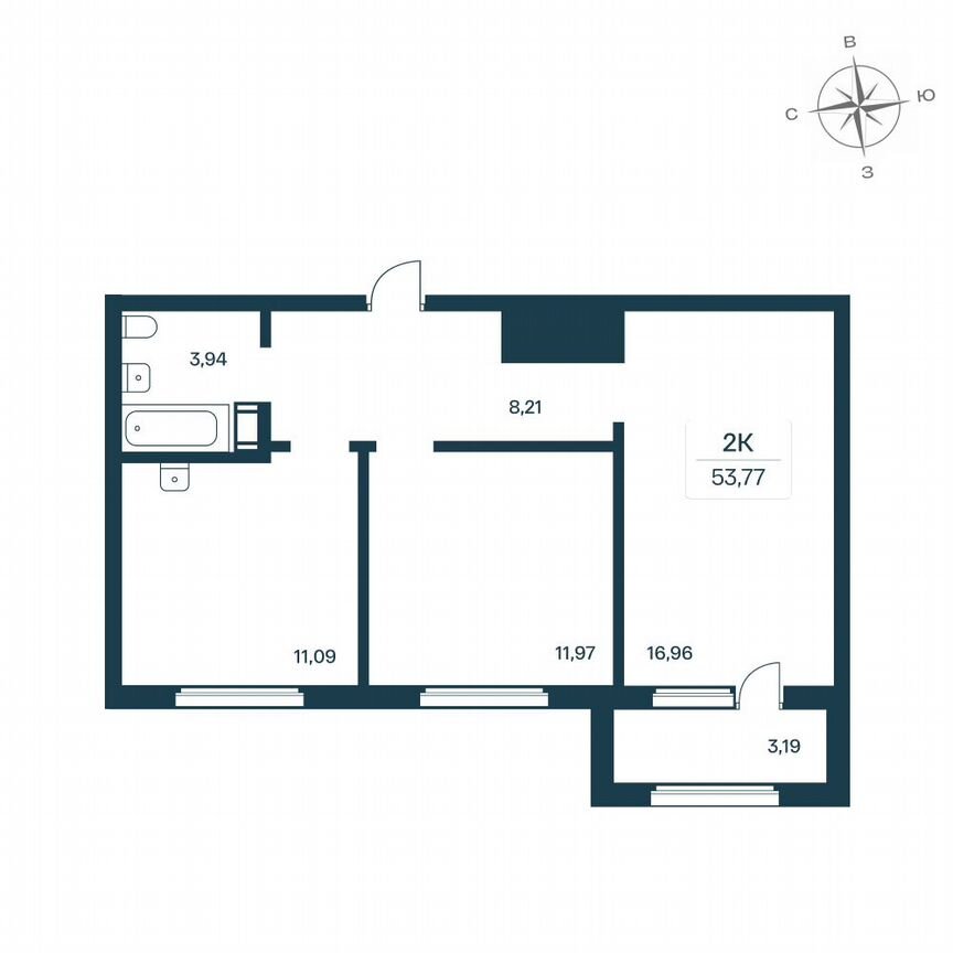 2-к. квартира, 53,8 м², 7/9 эт.