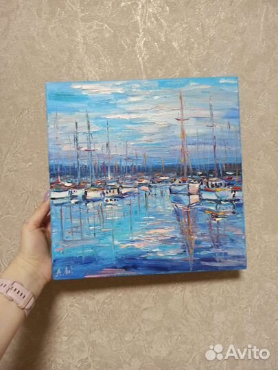 Картина лодки пейзаж маслом море бухта с лодками