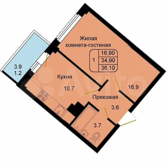 1-к. квартира, 36,1 м², 7/8 эт.