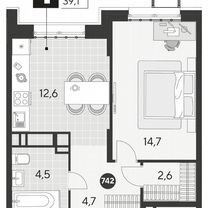 1-к. квартира, 39,1 м², 15/21 эт.