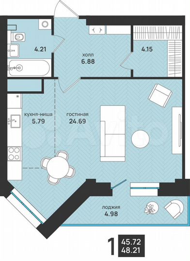 1-к. квартира, 48,2 м², 6/9 эт.