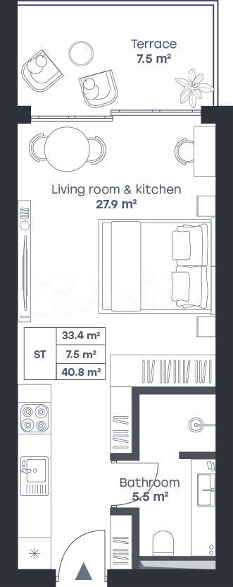 Квартира-студия, 40,9 м² (Таиланд)