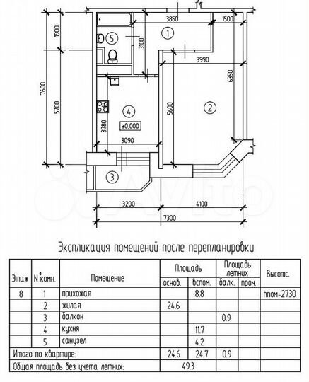 1-к. квартира, 49,3 м², 8/12 эт.