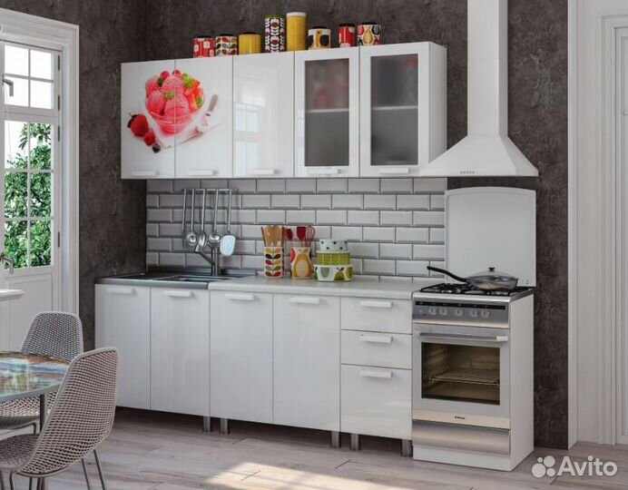 Кухня 2,0 метра мдф Белый глянец с фотопечатью