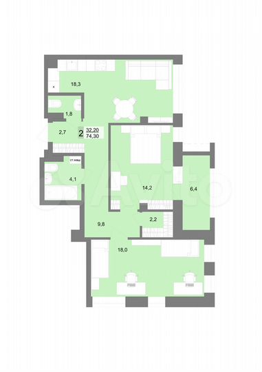 2-к. квартира, 73,5 м², 6/31 эт.
