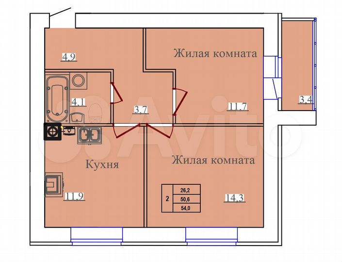 2-к. квартира, 54 м², 1/14 эт.