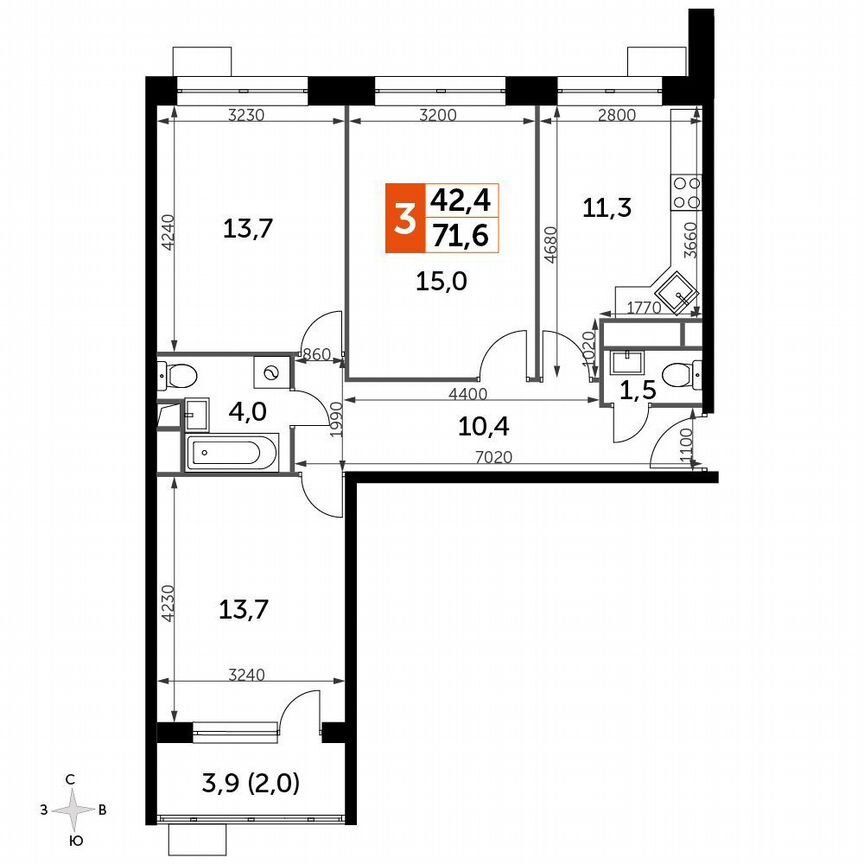 3-к. квартира, 71,6 м², 9/9 эт.