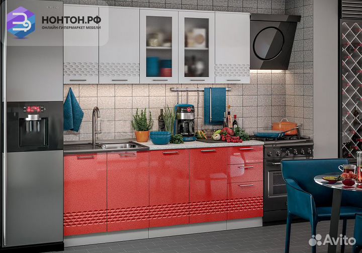 Кухня Волна 2.0 м белый глянец / красный металлик