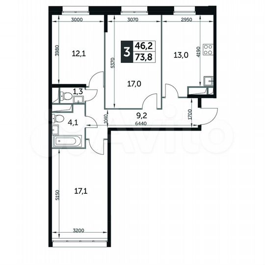 3-к. квартира, 73,8 м², 6/17 эт.
