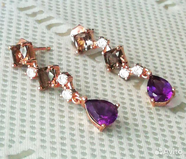 Серьги серебро аметист, раухтопаз С402