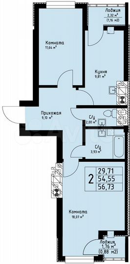 2-к. квартира, 56,7 м², 4/9 эт.