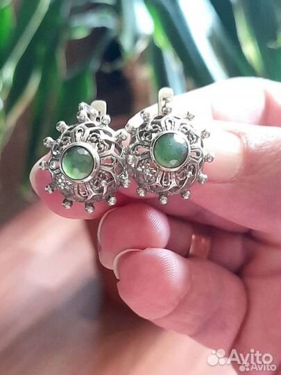 Серьги серебро нефрит винтаж СССР