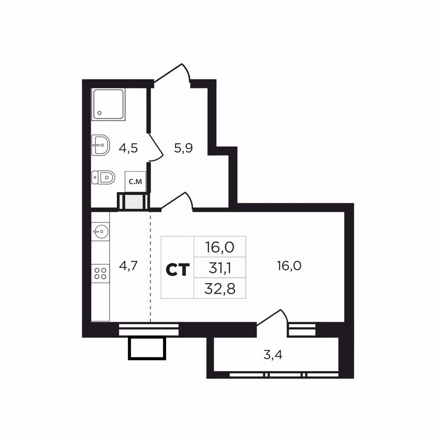 Квартира-студия, 34,1 м², 8/9 эт.