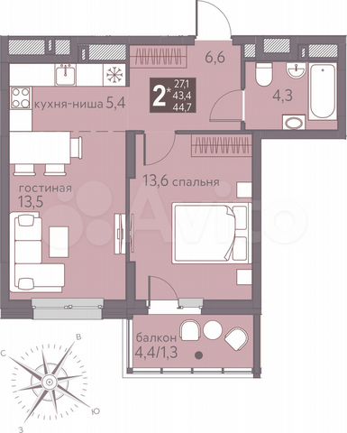 2-к. квартира, 44,7 м², 2/16 эт.