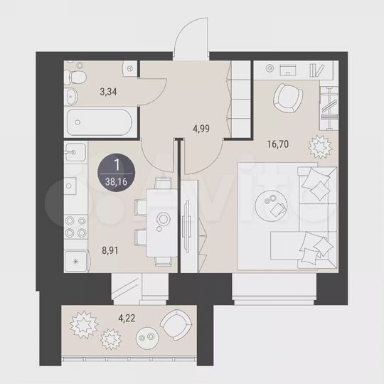 1-к. квартира, 38,2 м², 4/10 эт.