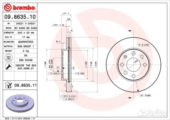 Диск тормозной передний Brembo, 09863510