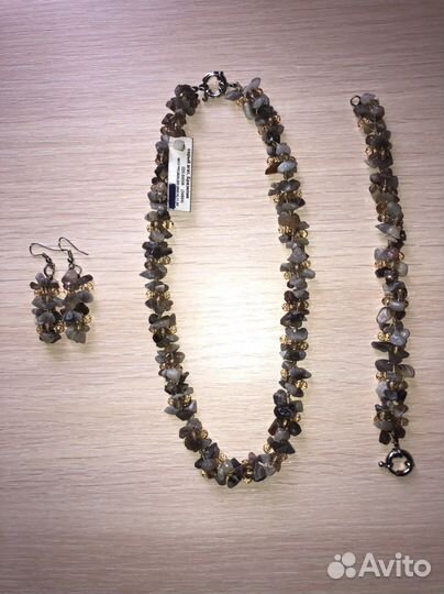 Ожерелье, браслет, серьги серый агат комплект
