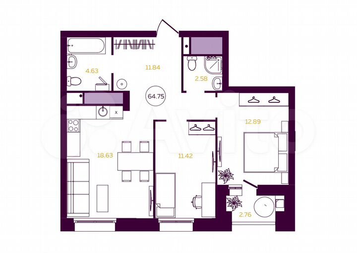 2-к. квартира, 64,8 м², 5/23 эт.