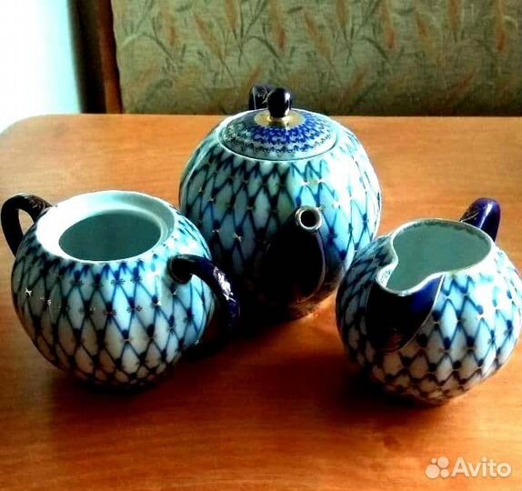 Чайный сервиз. Лфз. Кобальтовая сетка.Золото. СССР
