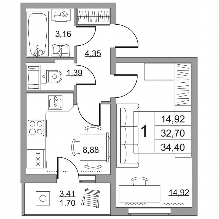 1-к. квартира, 34,4 м², 6/19 эт.