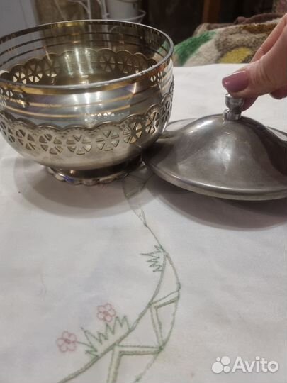 Конфетница сахарница винтажн,мельхиор/стекло, СССР