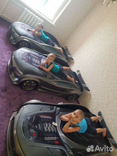 Кровать машинка графит с 3D обивкой